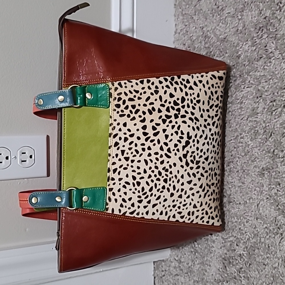 Folklore Couture Leather Colorblock Mixed Media Shoulder Tote Bag